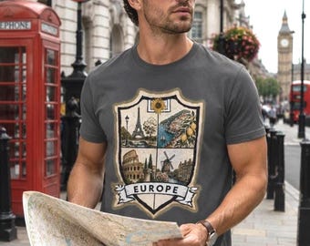 Vintage Europe Shield Collage T-Shirt | Travel Landmarks Crest, European Vacation Shirt