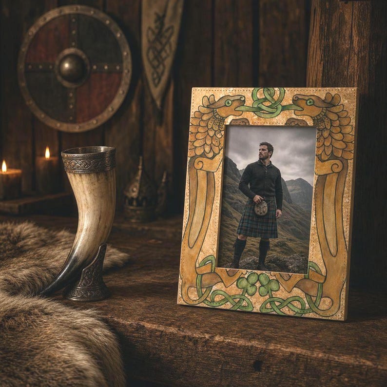 May include: A decorative wooden picture frame with a detailed, ornate design featuring two dragon-like creatures. The frame surrounds a photo of a person in a kilt. A drinking horn and shield are in the background.