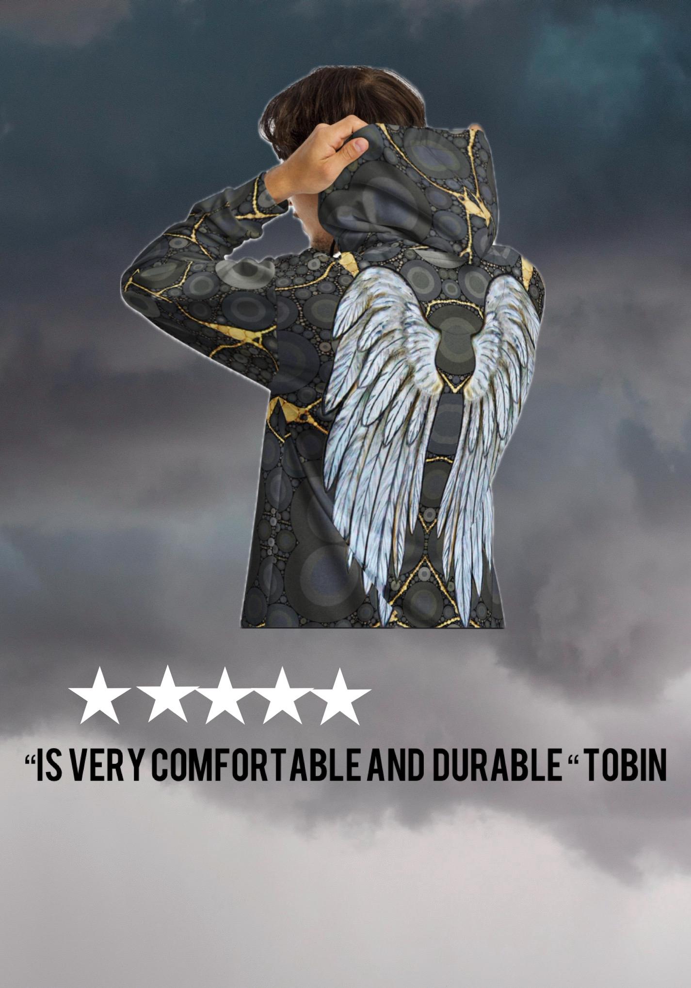 Angel Wings, Grey Kintsugi Unisex Zip Hoodie, Unique Gold