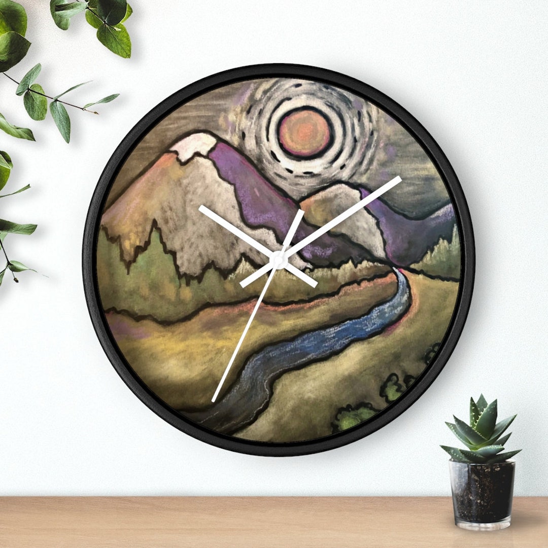 MISSING THE MOUNTAINS Clock, Landscape Wall Clock, Nature Art Round Clock, Boho Silent Clock