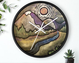 Mountain Landscape Wall Clock: Nature Art, Boho Home Decor