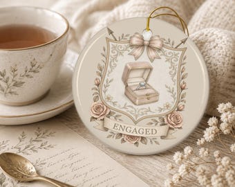 PERSONALIZE * Beige Engaged Ring Box Crest Ornament | Ceramic Round Double-Sided Ornament, Personalized Engagement Gift Ornament