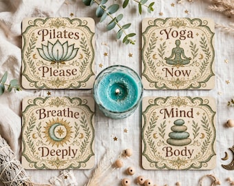 PILATES YOGA Spiritual Coaster Neoprene Back (Square) 4PK, Yogi Gift, Meditation Room, Coffee Tea Coasters