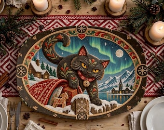 NORDIC BLACK CAT Platter: Icelandic Folklore Serving Tray, Hostess Party Gift, Christmas Platter Matt Finish