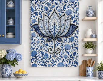DELFT Blue Lotus MORRIS Insired Woven Wall Tapestry | Boho Floral Home Decor, LARGE  FLoral Beautiful Wall Hanging 2' x 3'