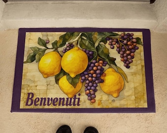 Benvenuti Italian Welcome Mat, Tuscan Lemons Door Decor, Rustic Italy Door Mat,