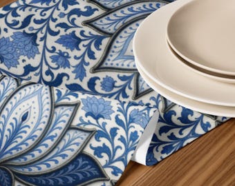 Delft Blue Lotus Table Runner, Classy Boho Table Decor, Blue and White Runner