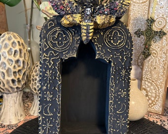 Handcrafted Death Moth Shrine, OOAK Display Arch, Goth Alter, Home Decor, Sculpture, Gothic Design, Home Sanctuary, Gloomy Mystic Vibe