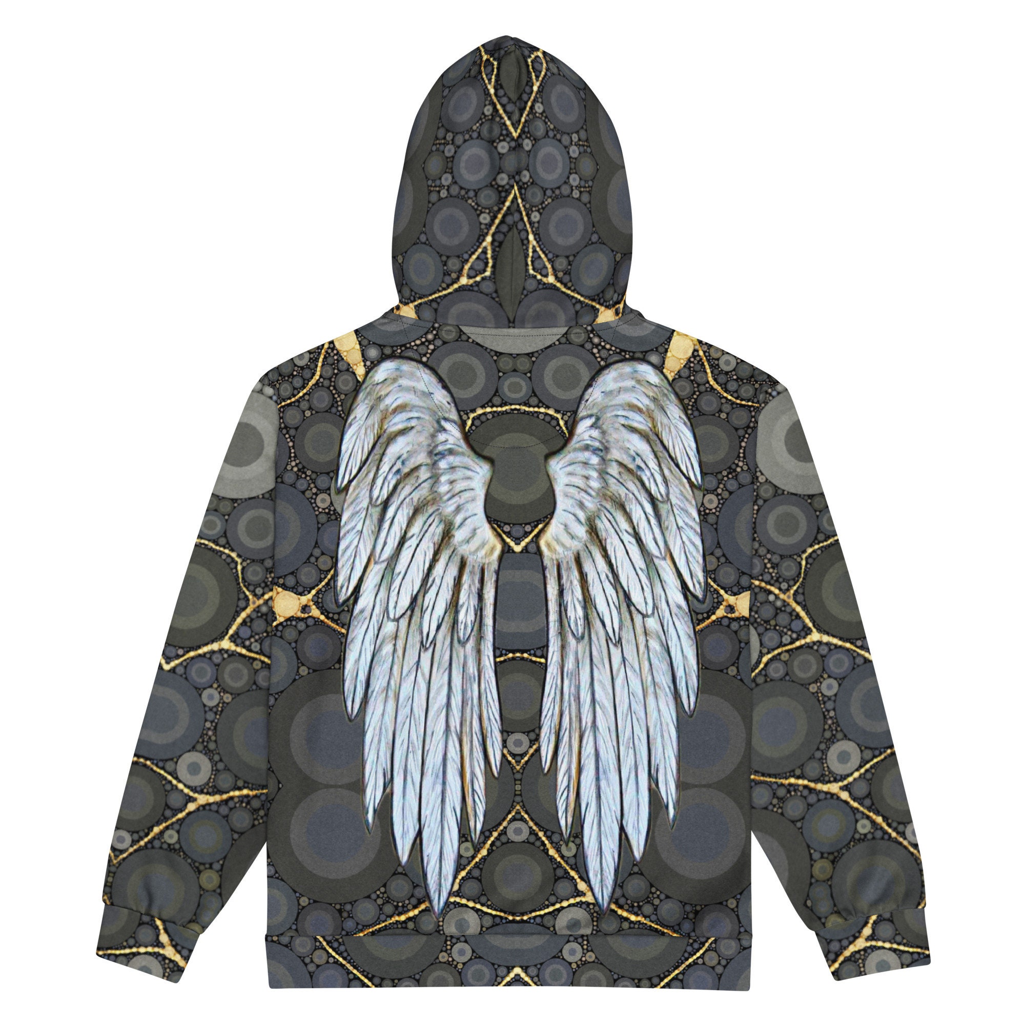 Angel Wings, Grey Kintsugi Unisex Zip Hoodie, Unique Gold