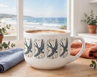 Folk Swallow Folk Art Latte Mug | Blue Bird Floral Pattern, Extra Large 25oz Ceramic Mug, Soup Mug