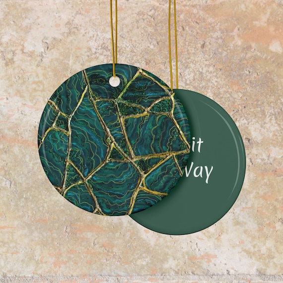 Emerald Malachite Marble Ceramic Ornament | Kintsugi Style Double-Sided, Personalize, Add Your Text