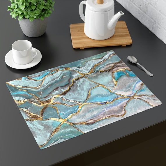 TURQUOISE MOTHERLOAD Placemat, Desk Mat, Geode Art, Blue Gold Kitchen Mat,  Agate Slice, Nature Makeup Mat, Boho Kitchen Decor, Teal Marble 