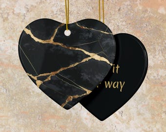 Kintsugi Marble Design, Personalized Love Ornament, Japanese Style, Double-Sided, Add Your Text, Galentine Gift