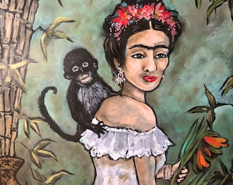 Frida Kahlo Acryilic Painting, Frida Bamboo, Frida Painting, Original Painting, Frida Monkey Painting, Deer Painting, Monkey Painting,