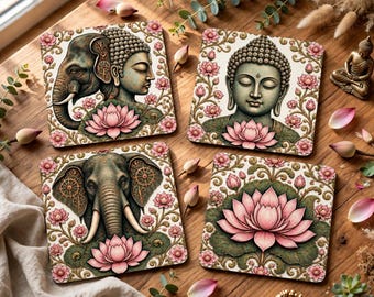 Elephant & Buddha Coaster Neoprene Back (Square) 4PK,  Absorbant Flexible Fun Table Coasters, Yoga Spiritual Gift, Yogi Gift, Lotus Flower