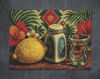 Italian TEQUILA SHOT Lemon Salt Shaker & Shot Glass Woven Wall Tapestry | Vintage Still Life Memories Decor, Bright Fun Tapestry 3' x 2'