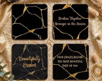 BLACK GOLD Kintsugi Coaster Neoprene Back (Square) 4PK, Affirmation Coasters Wellness Gift Idea Uplifting Beautifully Broken Friendship Gift