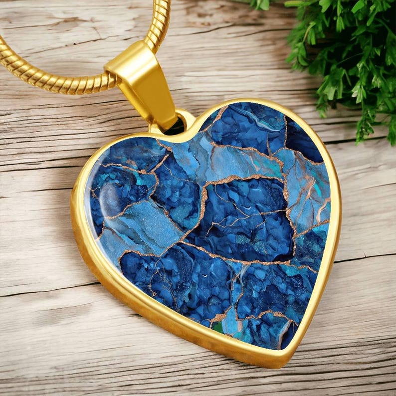 SAPHIRE BLUE KINTSUGI Heart Pendant – Personalized Engraved Geode ...