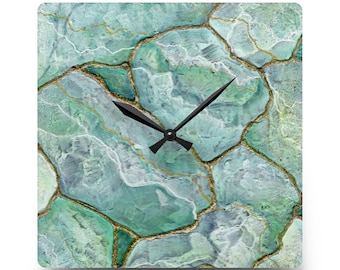 Green Celadon Jade Acrylic Wall Clock, Plant Clock, Nature Core, Minimal Design Clock, Square Wall Clock,  Mother Nature, Houseplant Clock