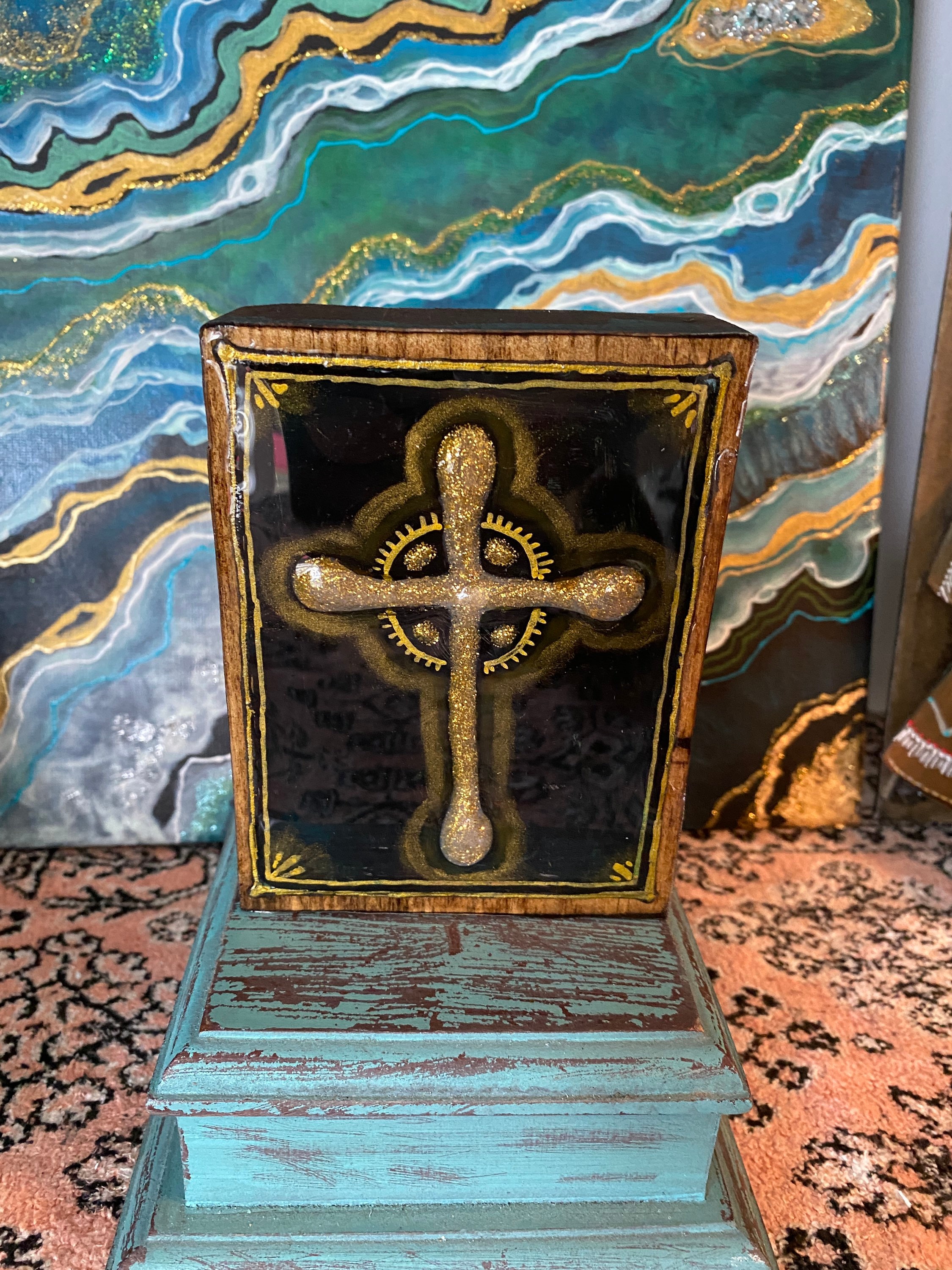 New Cana Cross 10" 'Gold' with Rings on wood block 