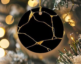 Black & Gold Kintsugi Ceramic Ornament: Japanese Style Hanging Decor