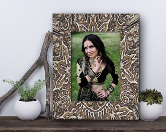 Henna Picture Frame, 5x7 Photo Frame, Mehndi Art Frame, Bronze Patterned Birthday Frame, Wedding Henna Design, Earthy Rustic Picture Frame