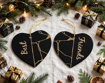 PESONALIZE Black Gold KINTSUGI Marble "Best Friends" Heart Ornaments | Ceramic Ornaments for Gift Giving, Friendship Meaningful Gifts