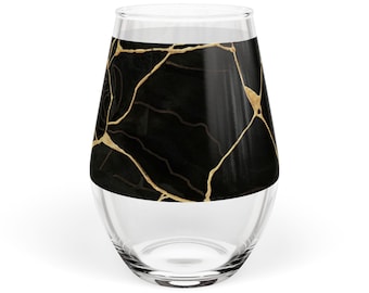 Black Gold Marble Stemless Kintsugi Style Wine Glass | 11.75oz