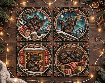 Nordic Cat Icelandic Folklore Coaster Neoprene Back (Square) 4PK,  Christmas Coasters, Black Cat