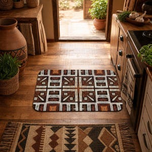 May include: A rectangular floor mat featuring a repeating geometric pattern in shades of brown, cream, and dark charcoal. The design consists of symmetrical squares and angular lines, creating a structured, grid-like appearance on the surface.