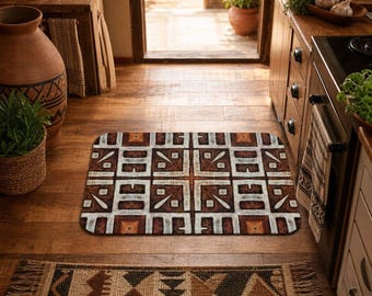 Kuba Cloth Style Geometric Brown Tile Pattern Bath Mat | Tribal Inspired, Retro Mudcloth  Print