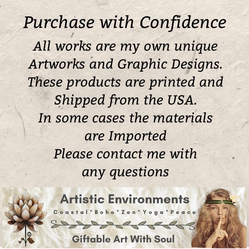 May include: Text on a textured background reads "Purchase with Confidence" and details about the artwork and shipping. The bottom banner says "Artistic Environments" and "Giftable Art With Soul."