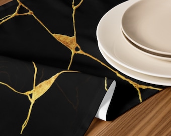Black Gold Kintsugi Table Runner: Elegant Minimal Table Decor, Midcentury Art Deco