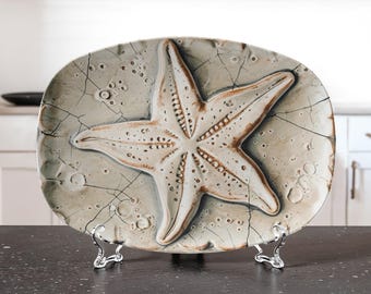 Sand Star, Coastal Beach Seafood Platter: Modern Minimal Serving Tray Display Plate, Hostess Gift, Matt Finish