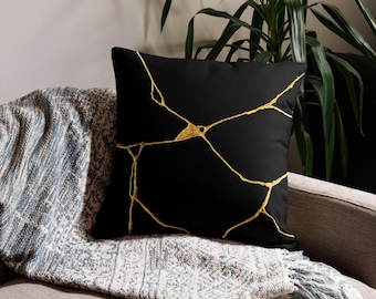 Black Kintsugi Pillow, Gold Accent, Japanese Decor, Kintsukuroi Kintsugi Art