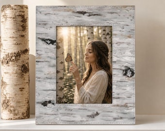 Birch Bark Fabric Picture Frame: 5x7 Boho Photo Display, Unique Cabin Gift Idea