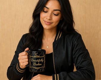 Personalized Text Kintsugi  Black Gold Mug, 15oz Coffee Mug, Bellamente Rota Mug, Love Mug, Soulmate Mug, Side Design