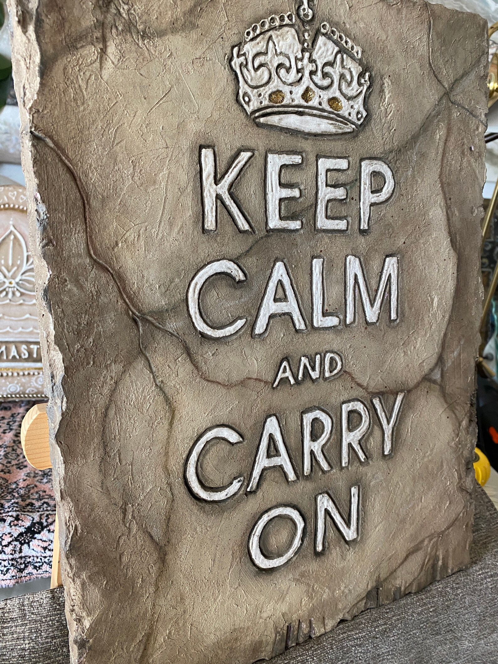 Keep Calm And Carry On Traduction Dis-le in Stone Faux Stone Art Plaques Inspirational | Etsy