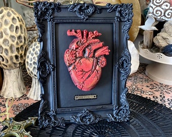 Anatomical Red Heart, Hand Carved Heart, Sacred Heart, Meaningful Gothic Black Framed Art, Mindful Love Gift for Him, Soulmate Gift