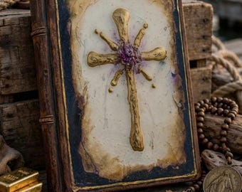 Gold Fleur Cross Journal Hardcover | Vintage Religious Notebook, Mens Rustic Prayer Journal, Faith Notes for Him, Personalized Mens Journal