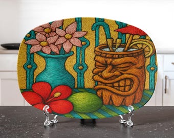 TIKI TIKI Party Platter: Luau Serving Tray, Display Plate, Hawaiian Barbeque, Hostess Gift, Matt Finish