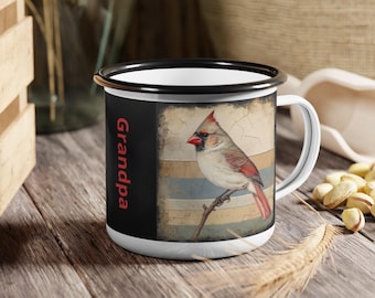 Cardinal Bird Lover Enamel Camp Cup, Personalized Name Option | Grandpa Grandparents Birdwatcher