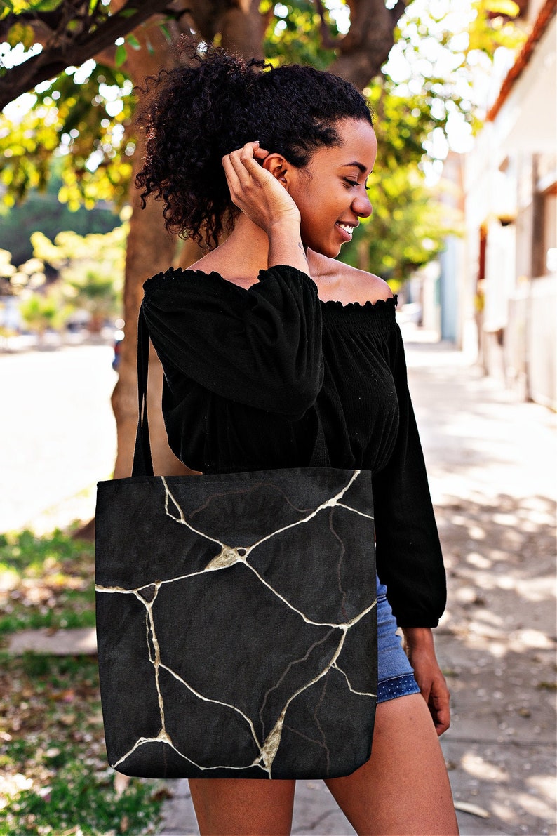 Travel Bag Reusable Shopping Bag Beach Bag Office Carry All Eco Friendly Bag Black Gold Kintsugi Tote Bag Grocery Tote