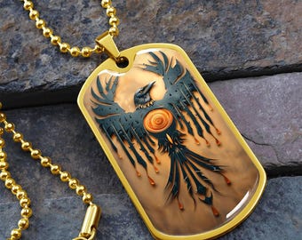 RAVEN Rise Up Dog Tag Necklace: Engraved Spirit Guide Pendant, Personalized Totem Gift Pendant