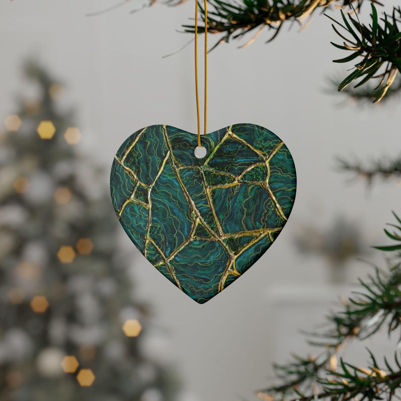 PERSONALIZE *Emerald Malachite Marble Ceramic Ornament | Kintsugi Style Double-Sided, Gift Ornament bild 2