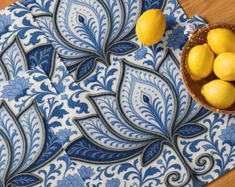 Delft Blue Lotus Placemat Set, Blue and White Table Decor, Boho Home