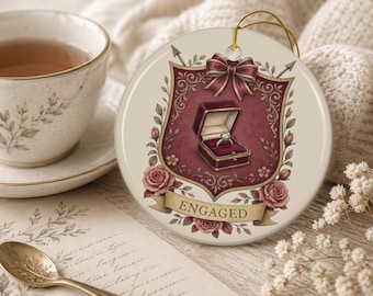 PERSONALIZE * Cranberry Engaged Ring Box Crest Ornament | Ceramic Round Double-Sided Ornament, Personalized Engagement Gift Ornament