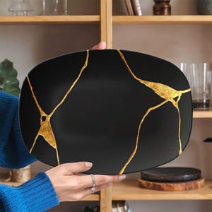 Black Gold Kintsugi Serving Platter, Elegant Minimal Hostess Gift, Display Plate, Matt Finish