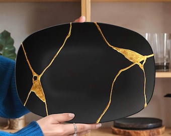 Black Gold Kintsugi Serving Platter, Elegant Minimal Hostess Gift, Display Plate, Matt Finish