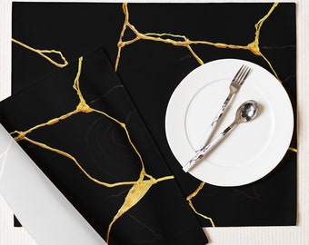 Ensemble de napperons de Style Kintsugi en or noir, décoration Japandi moderne du milieu du siècle, cuisine minimale, sets de table fantaisie, napperon noir, tapis en marbre noir